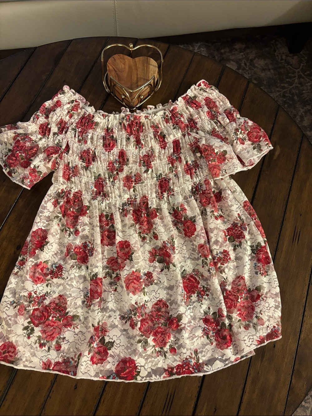 No Boundaries White Off-Shoulder Floral Smocked Top with Red Roses